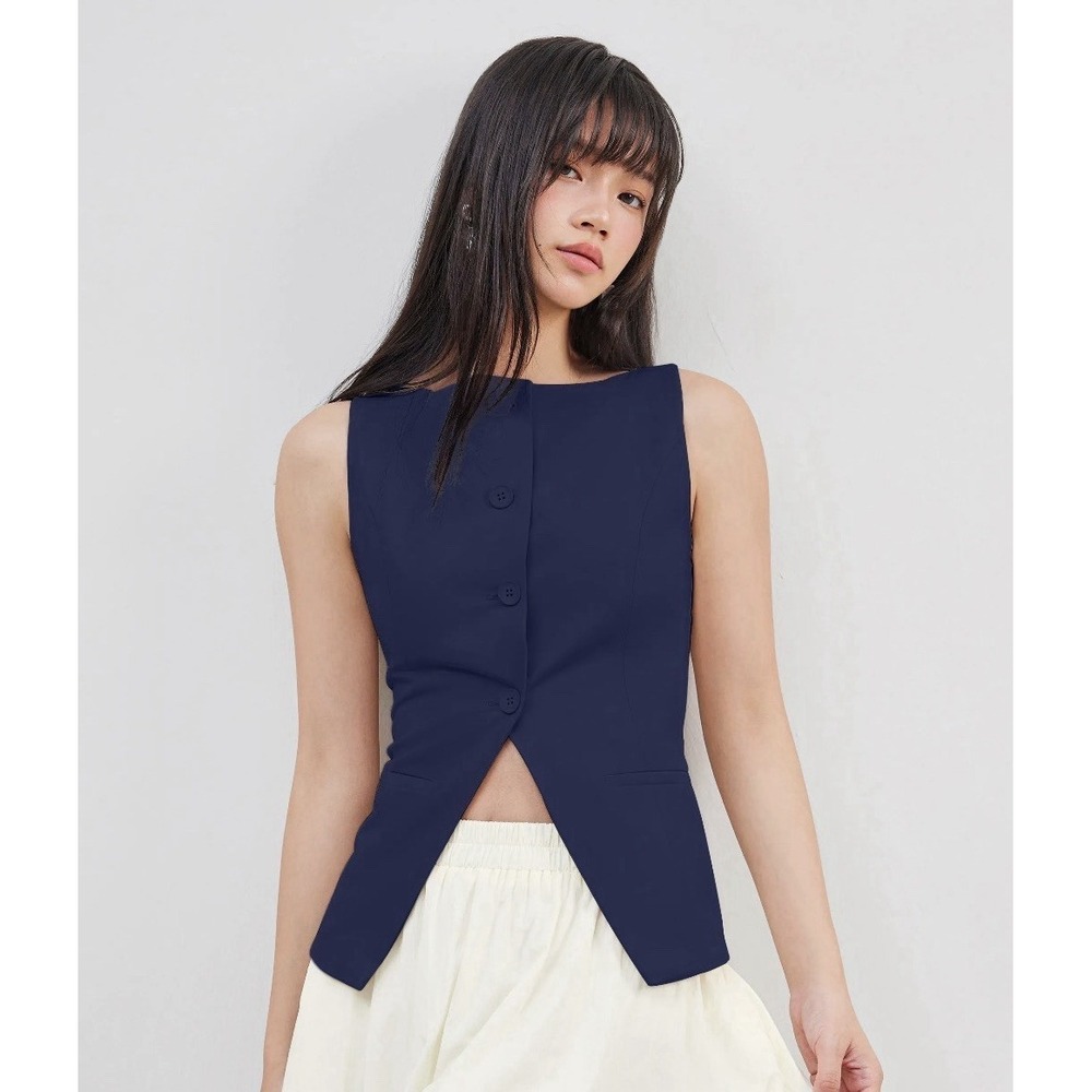 Cider Navy Top Woven Boat Neck Solid Button Vest Size XS Work Casual